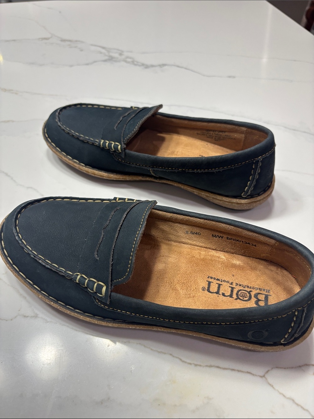 Born NAVY BLUE Suede Penny Loafers with Contrast Stitching - Picture 10 of 15
